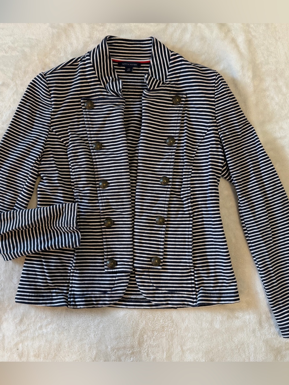 Tommy Hilfiger Navy and White Striped Military-Style Jacket